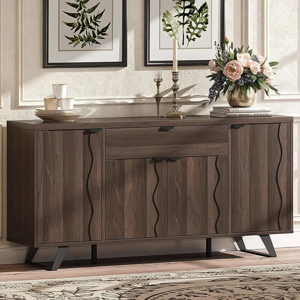 

Mid-Century Modern Walnut Sideboard Cabinet with 4 Doors & Shelves for Kitchen, Bar, Living Room, and Hallway Storage