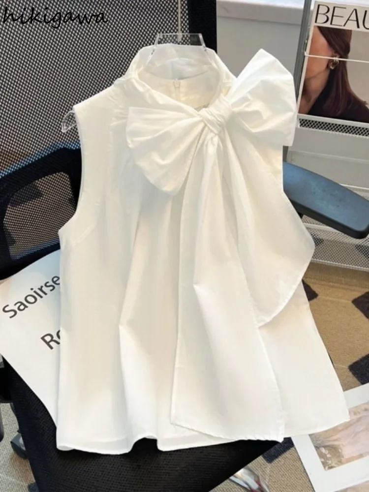 White Blouse for Women 2024 Blusas Mujer De Moda Bandage Bow Sleeveless Loose Shirts Fashion Sweet Summer Blouses Tops Female