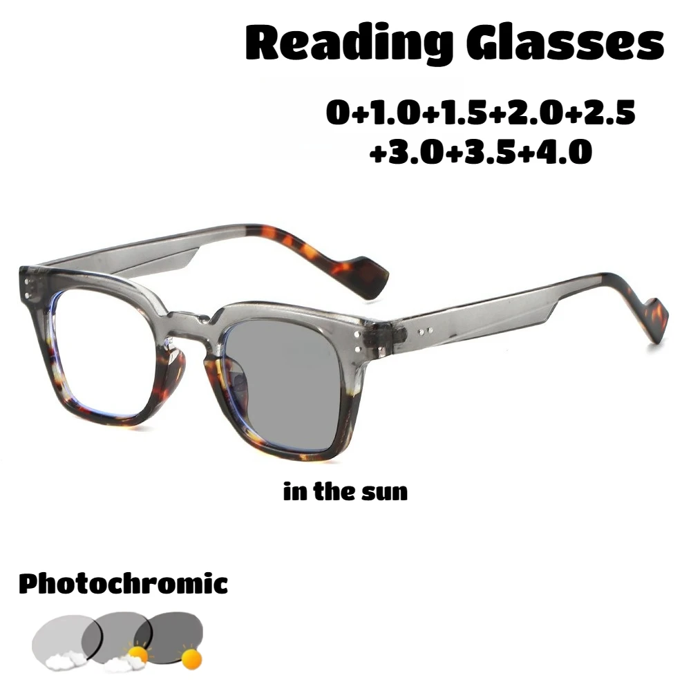 

Retro Square Photochromic Reading Glasses Unisex New Style High-Definition Blue Light Blocking Presbyopia Glasses To 0 +3.5+4.0