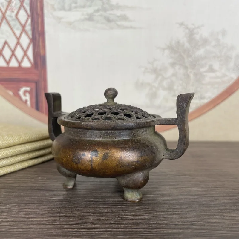 Antique Collectible Incense , Handmade Alloy Elephant Head with Ears, Three-legged Mini Aromatherapy Burner Ornament, Vari