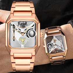 Luxury Men Watch Unusual Transparent Hollow Dial Male Quartz Wristwatch Rose Gold Black Square Watches Stainless Steel Man Clock