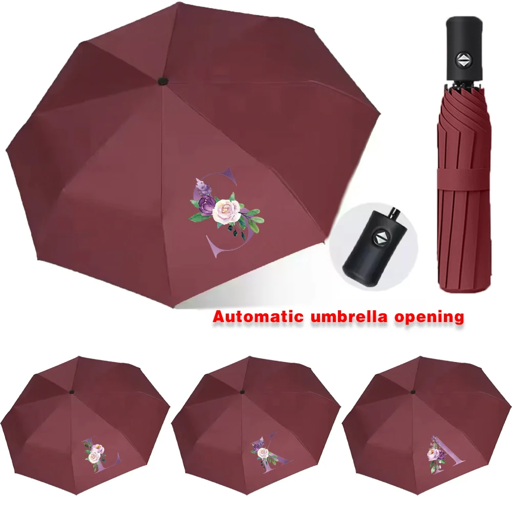 

Automatic Umbrellas for Sunshine Rainy Windproof Strong Umbrella Folding Large Buckle Handle Double Bone Resistant Purple Print