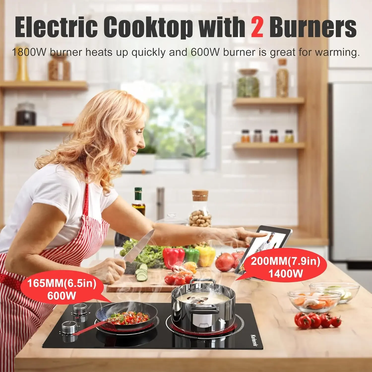 Electric Cooktop 2 Burners, Knob Control, Plug in Electric Stove 110v, 2000w, 9 Power Levels, Countertop & Built-in Ceramic Cook