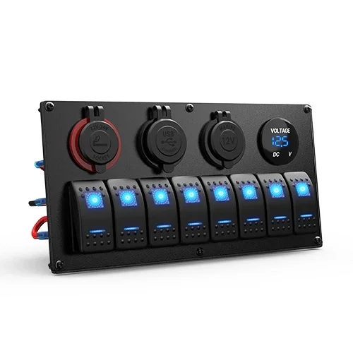 

Aluminium Custom Boat Rocker Switch Panel 8 Gang Led Switch Panel With 2 Cigarette Lighter Sockets and 2-Port USB