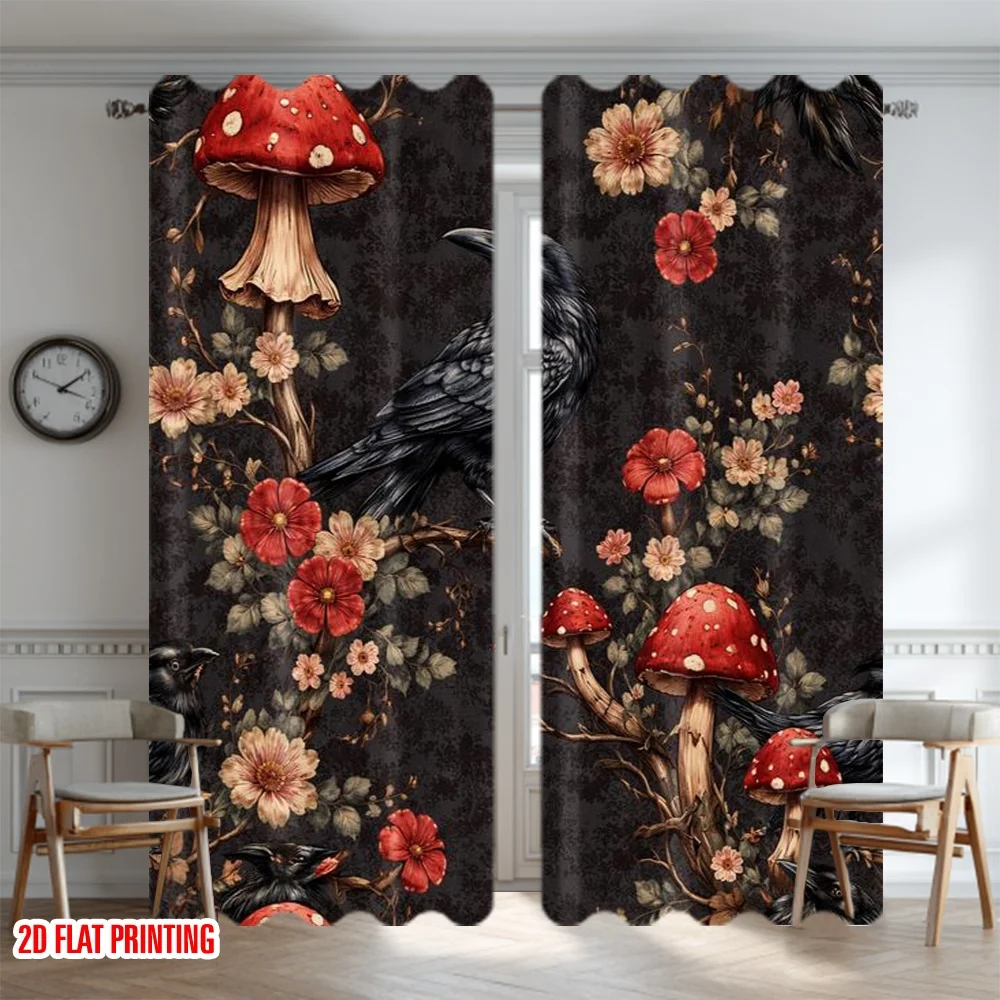 2D flat printing 2pcs Curtain Party Curtains Halloween Raven and Mushrooms Digital Printed Polyester Drapes Family Party