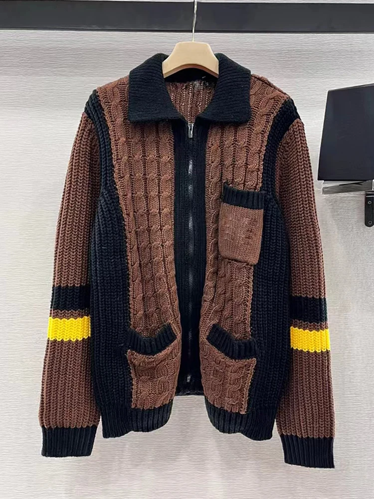 Vintage Twistการจับคู่สีLapel Zipper Cashmere Cardigan 2024 ฤดูใบไม้ร่วงผู้หญิงใหม่แฟชั่นAll-Matchตรงถักเสื้อ