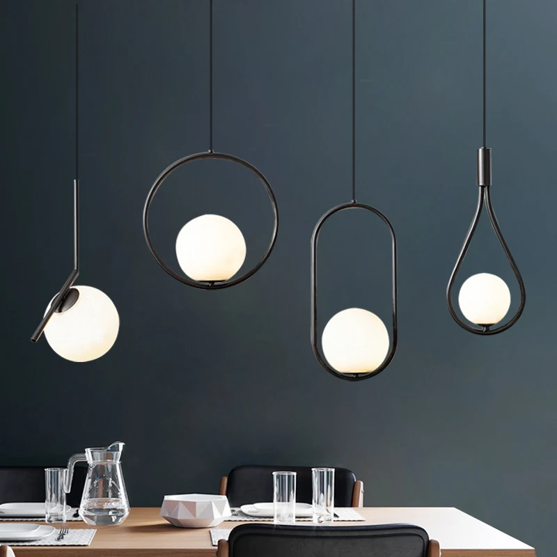 

Black Metal Ring pendant lights Dining Kitchen Island Decor Hanging Lamp Nordic glass ball LED lighting fixture Bedside lamp