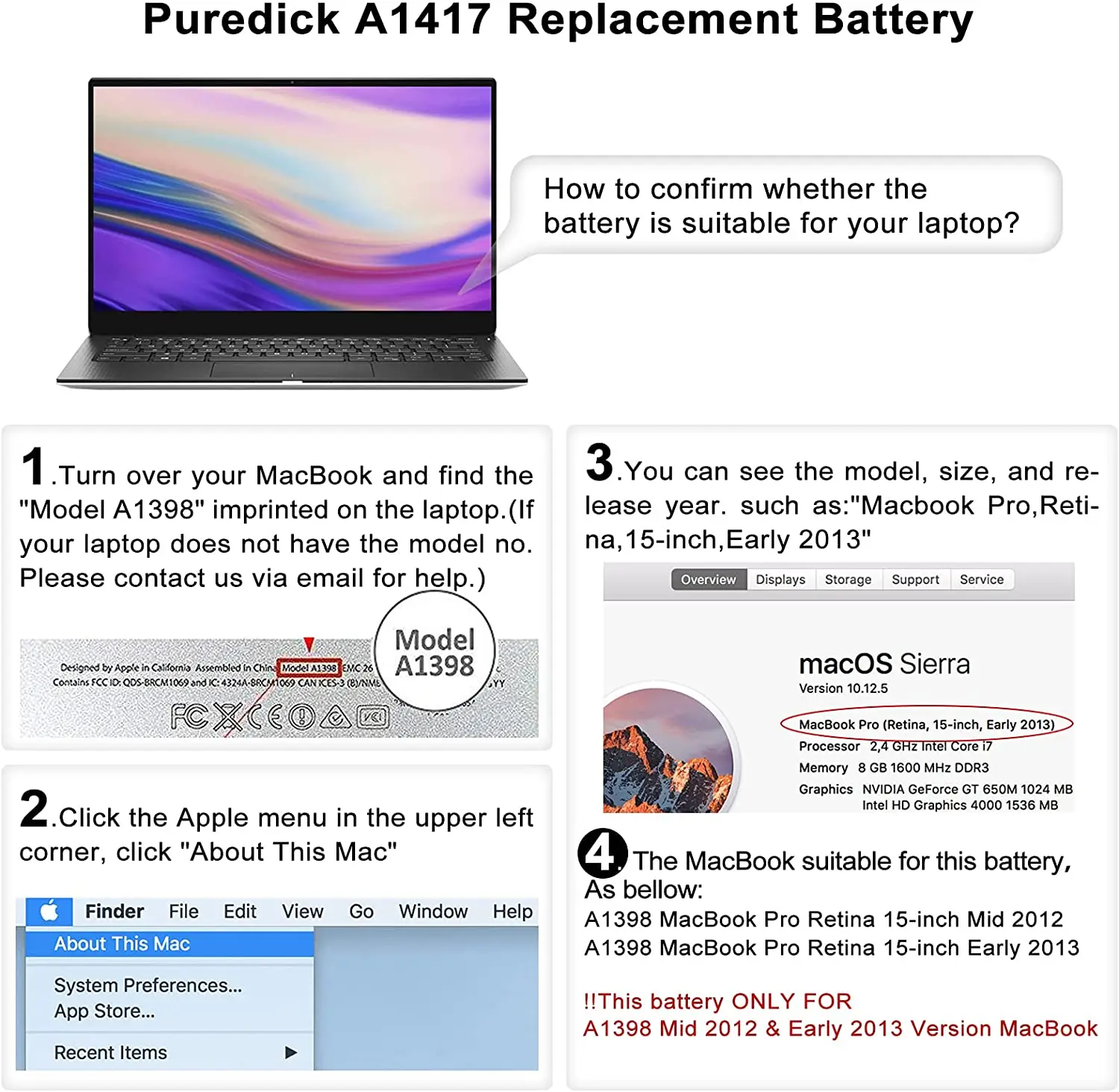 Batería A1417 solo para MacBook Pro A1398, batería de repuesto para MacBook Pro de 15 pulgadas (mediados de 2012 y principios de 2013)