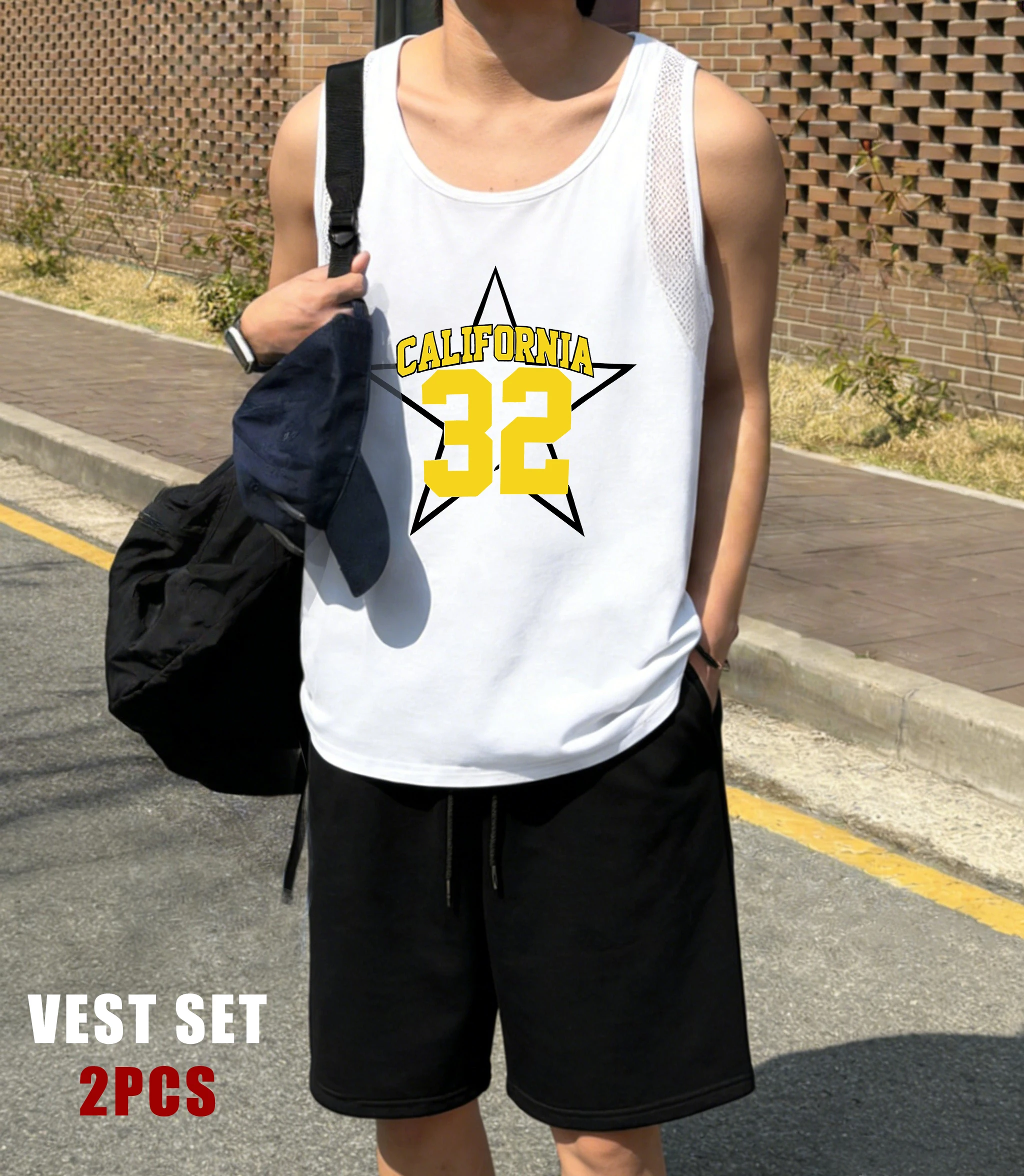 

California Stars And Number 32 Men Reticular Vest Set Summer Soft Shorts Fashion Basics Vests Unisex Breathable Vacation Suit