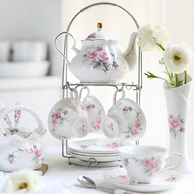 Ceramic coffee set European cup set British afternoon tea set 15 pieces-21 pieces Coffee cup coffee pot free rack