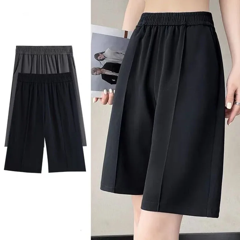 Xpqbb Summer Shorts for Women Black Gray Casual Elastic Waist Wide Leg Shorts Korean Style Loose Straight Suit Short Pants Lady