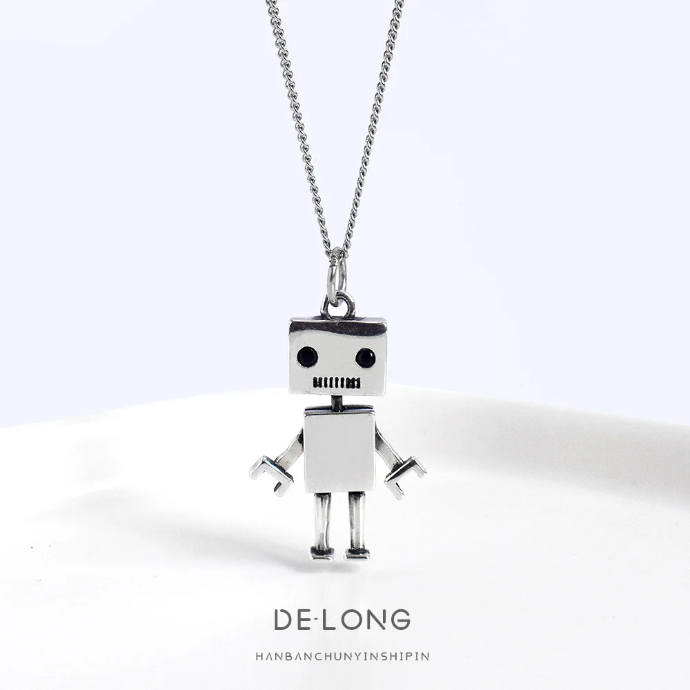 Hip Hop Robot Necklace S925 Silver Pendant Chunky Chain Cool Jewelry for Men Women