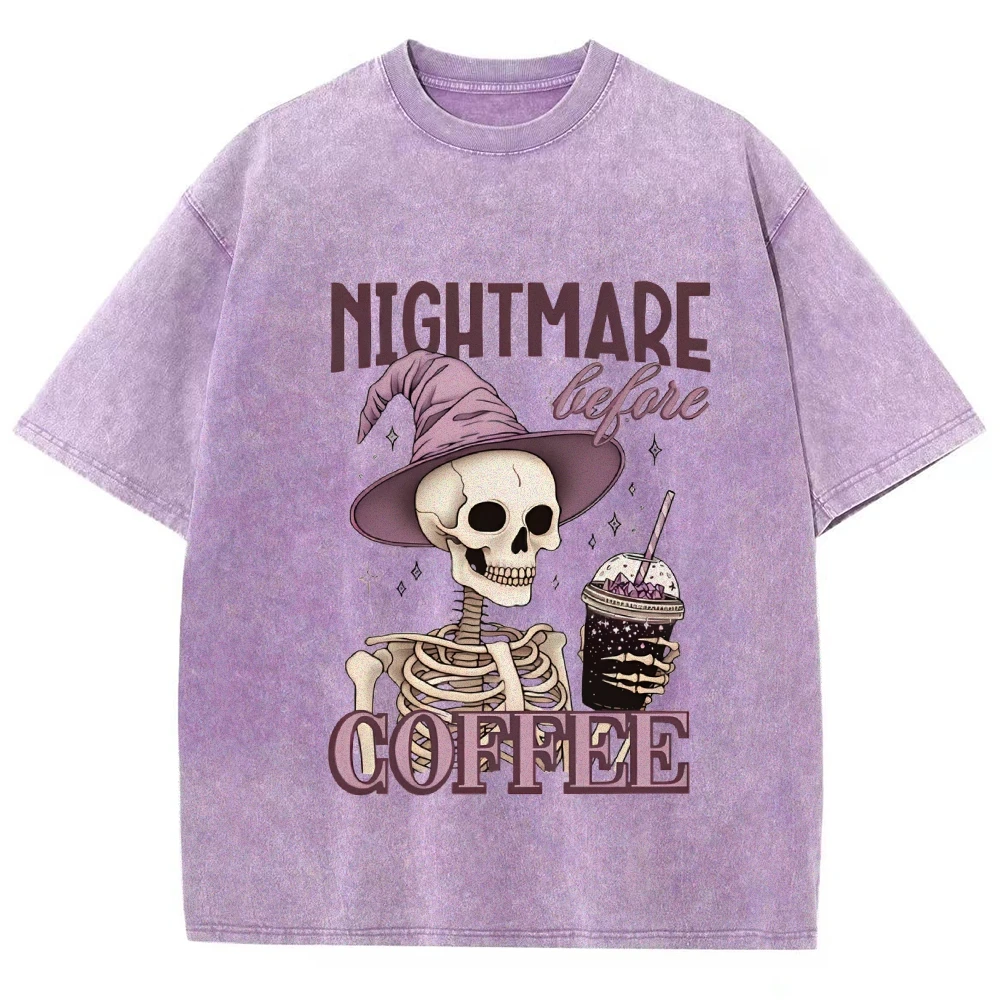 Nightmare Before Coffee Shirt Retro Skeleton T-Shirt Halloween Costume Horror Cofe Shirts Funny Halloween Tee Fall Clothes Women