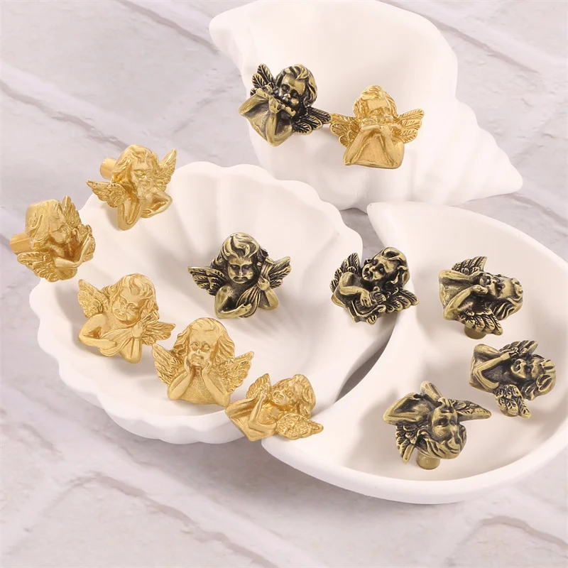 Retro Furniture Handle Wardrobe Drawer Door Knob Little Angel Shape Brass Cabinet Door Handles Kitchen Cupboard Shoe Closet Pull