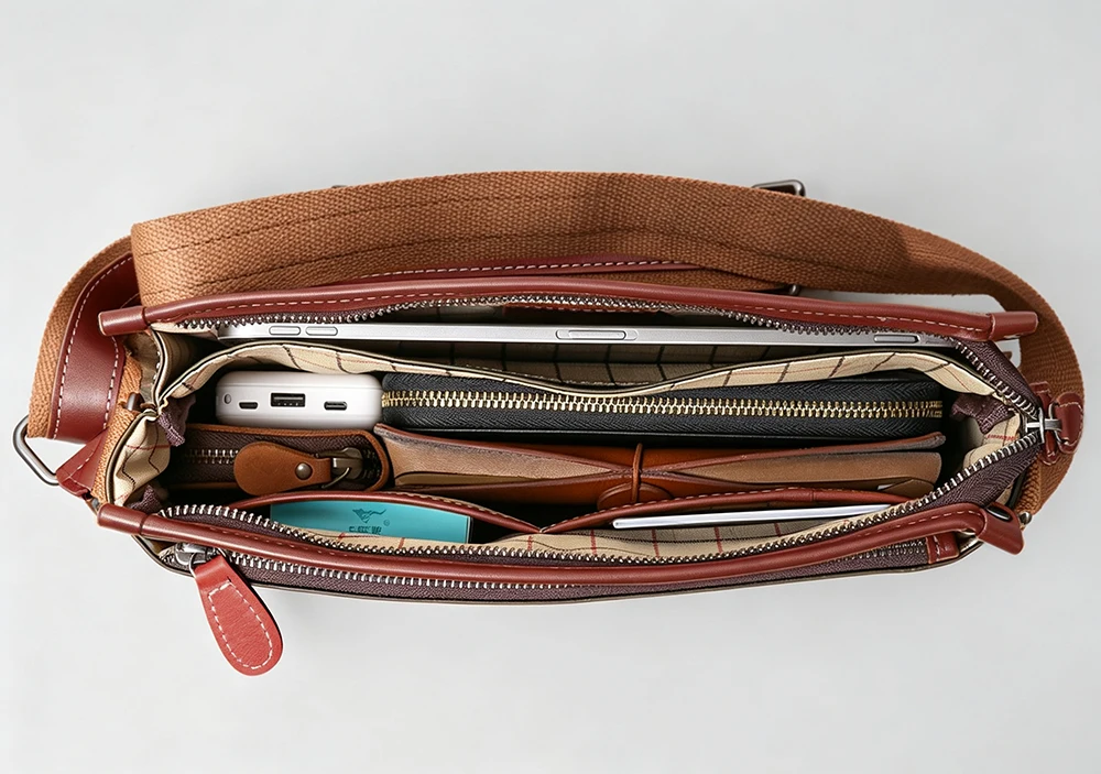 LUOKIR Unisex-Umhängetasche aus Leder, Umhängetasche aus Rindsleder mit Oberschicht, trendige Paarung mit Pendler-Briefträgertasche – Detail 15