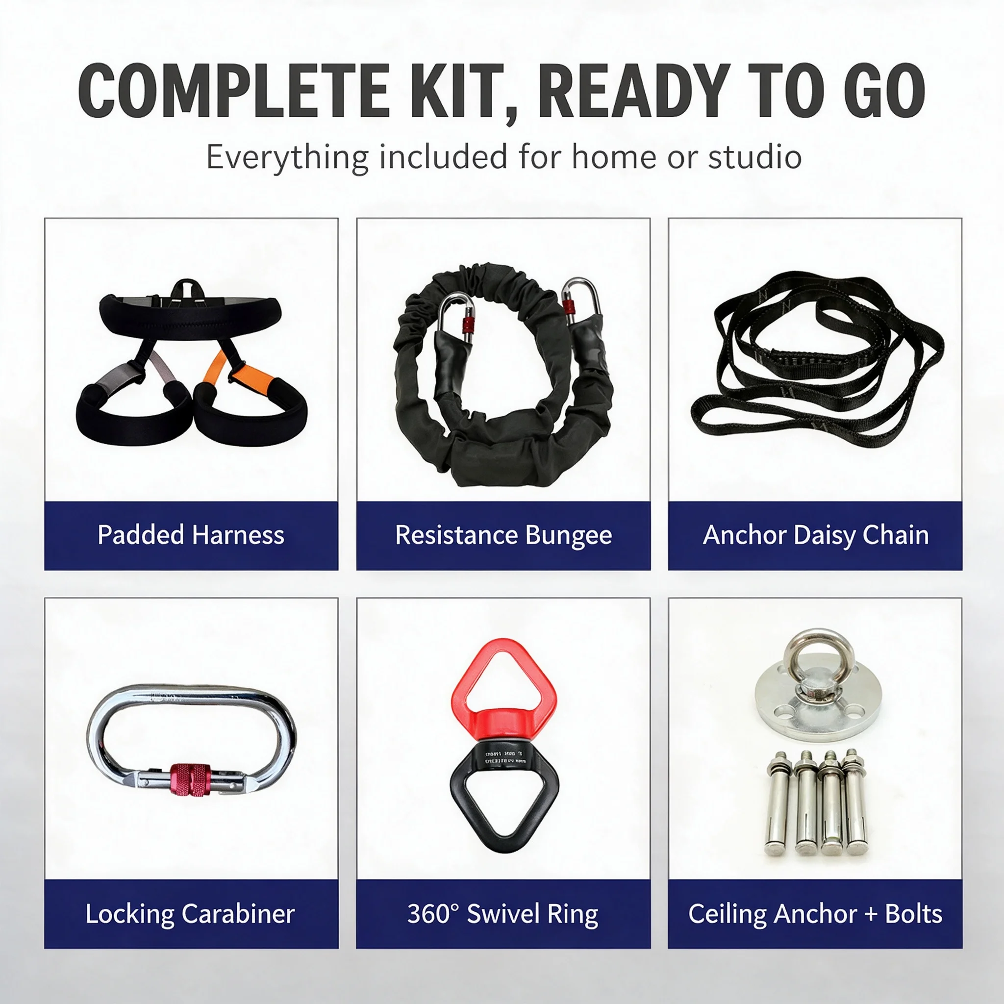 Aerial Yoga Bungee Cord Set, Fly Yoga Resistance Belt with Padded Harness & Ceiling Anchor, Indoor Dance Fitness Trainer
