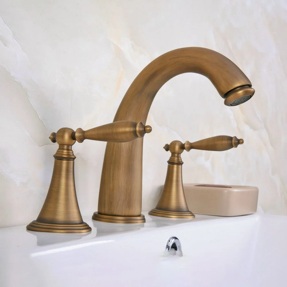 

Antique Brass Double Handle Basin Faucet Deck Mounted Bathroom Tub Sink Mixer Taps Widespread 3 Holes Nan081