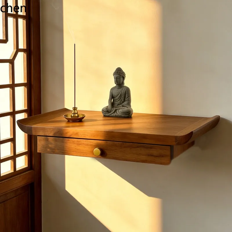 Cz solid wood small high-end buddhist shrine wall-mounted altar home use guanyin buddha statue offering table