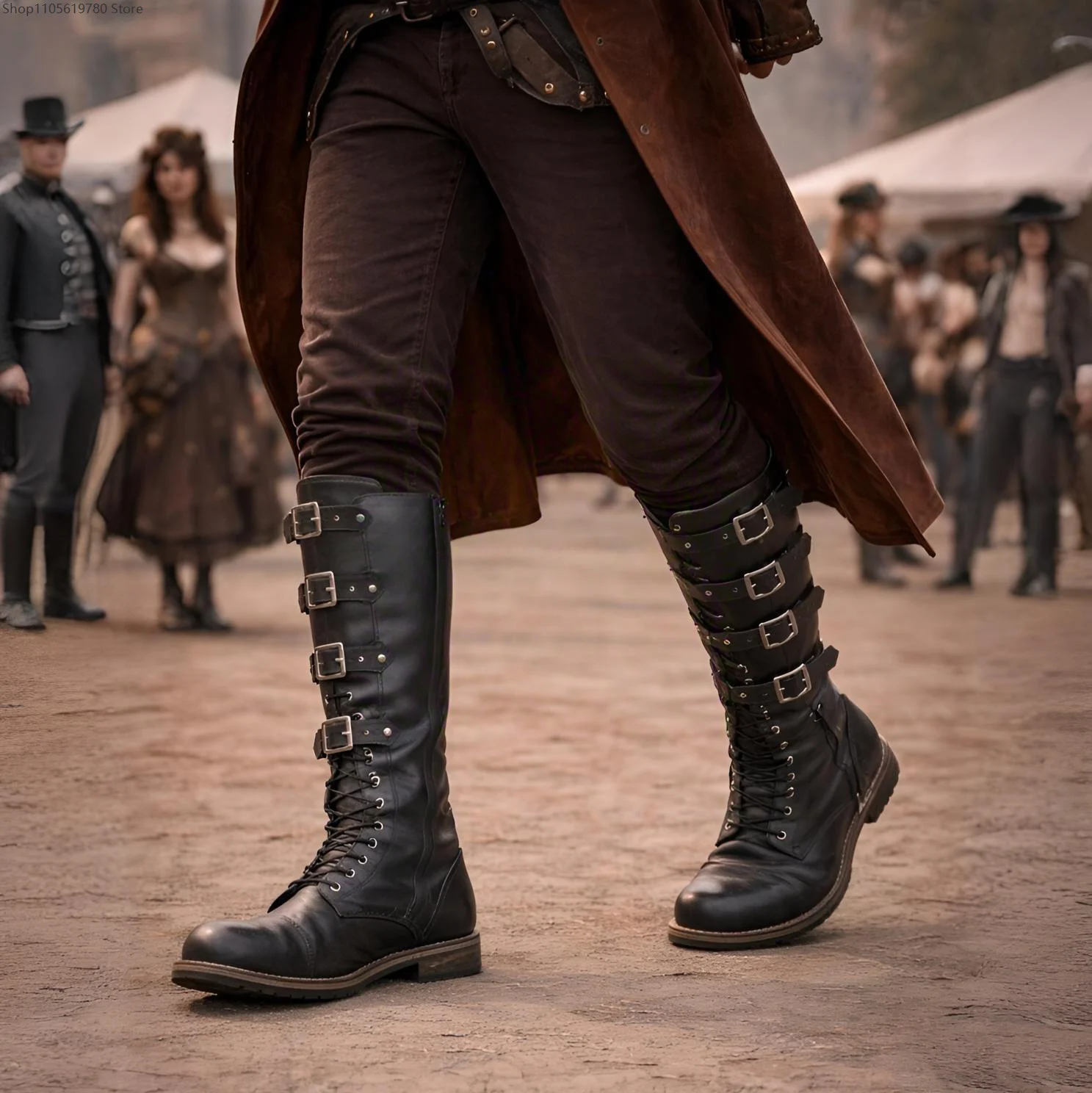 Men Medieval Renaissance Cosplay Mid Calf Boots Flat Western Cowboy Knight Boots Faux Leather Multi Buckle Lace Up For Stage