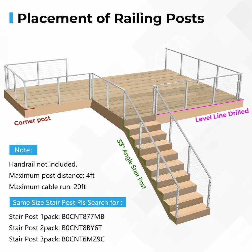 36" Stainless Steel Cable Railing Post Kits 2Pack Level Drill Line Posts 82ft Cable Marine-Grade SS316 Top System Saves Time