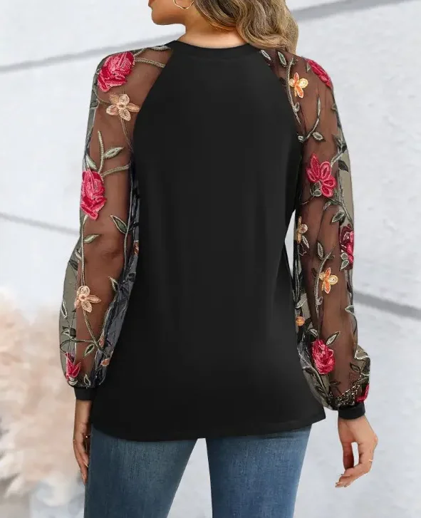 Elegant Floral Blouse] Long Sleeve Elegant Floral Print Chiffon Blouse with Lace Detail | Perfect for Spring/Summer | Floral Pri