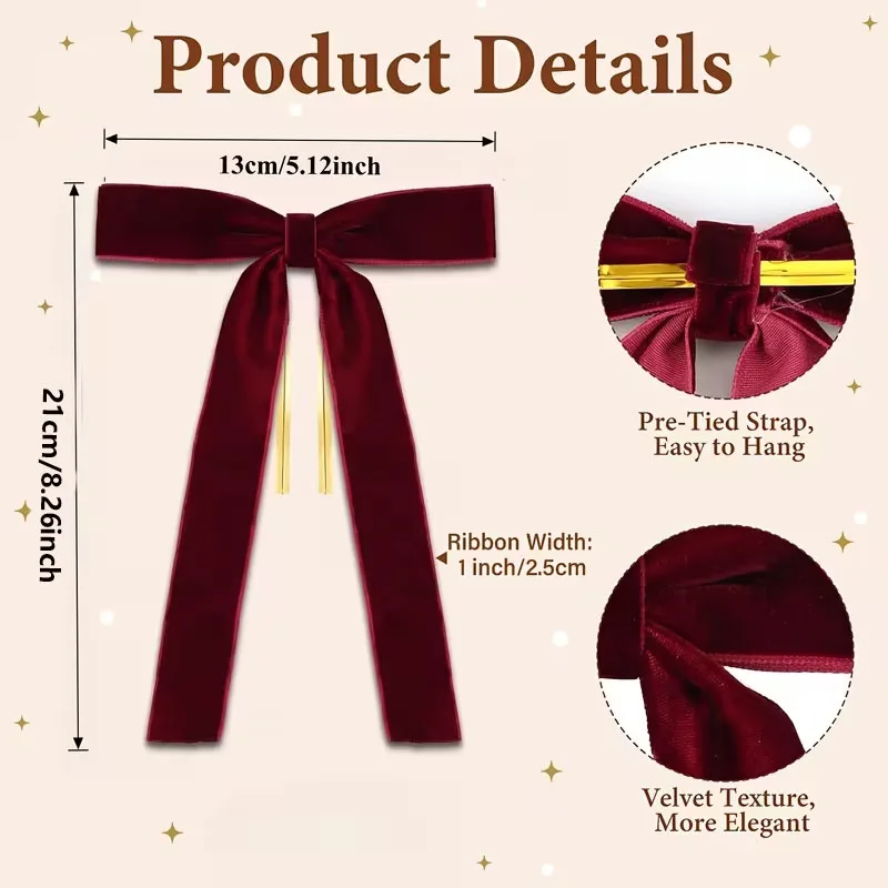 10/20 Burgundy Velvet Long‑streamer Bows - Suitable for Christmas Trees and Stair Railings