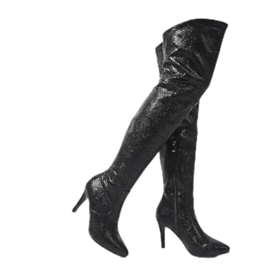 Botas por encima de la rodilla para mujer, botas altas hasta el muslo con tacón grueso y cremallera lateral, botas sexys de otoño con estampado de leopardo y serpiente
