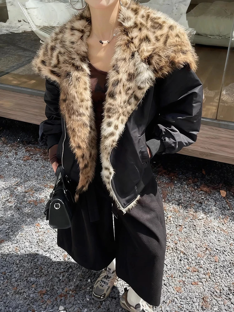 

Winter Retro Leopard Fur Collar Jacket Female with Belt Zipper Cotton Jackets Women Long Sleeves Loose Warm Quilted Outwears