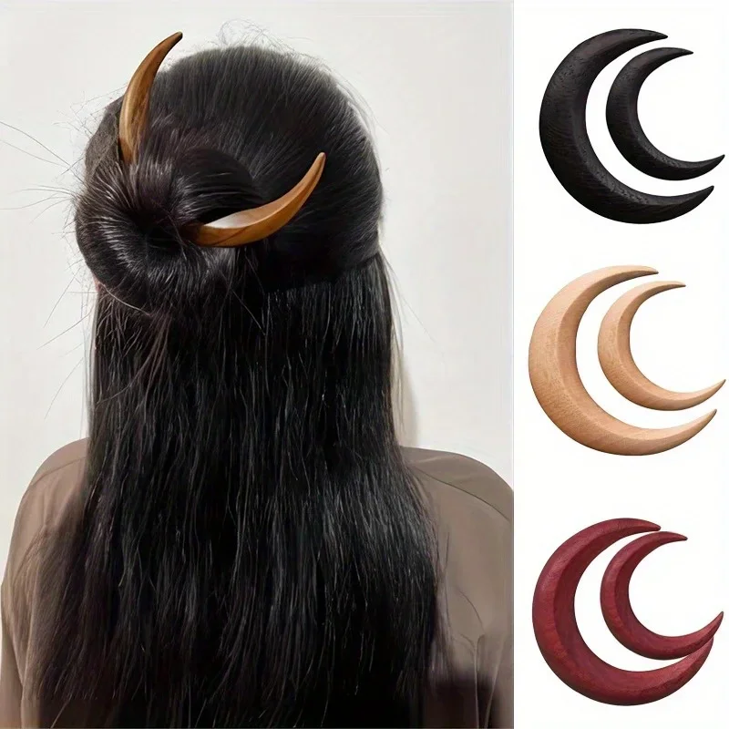 Handcarved Crescent Hair Fork Simple Wooden Moon Hairpin Modern High-end Half Moon Hairpin Daily Hair Curling Wooden Handcrafted