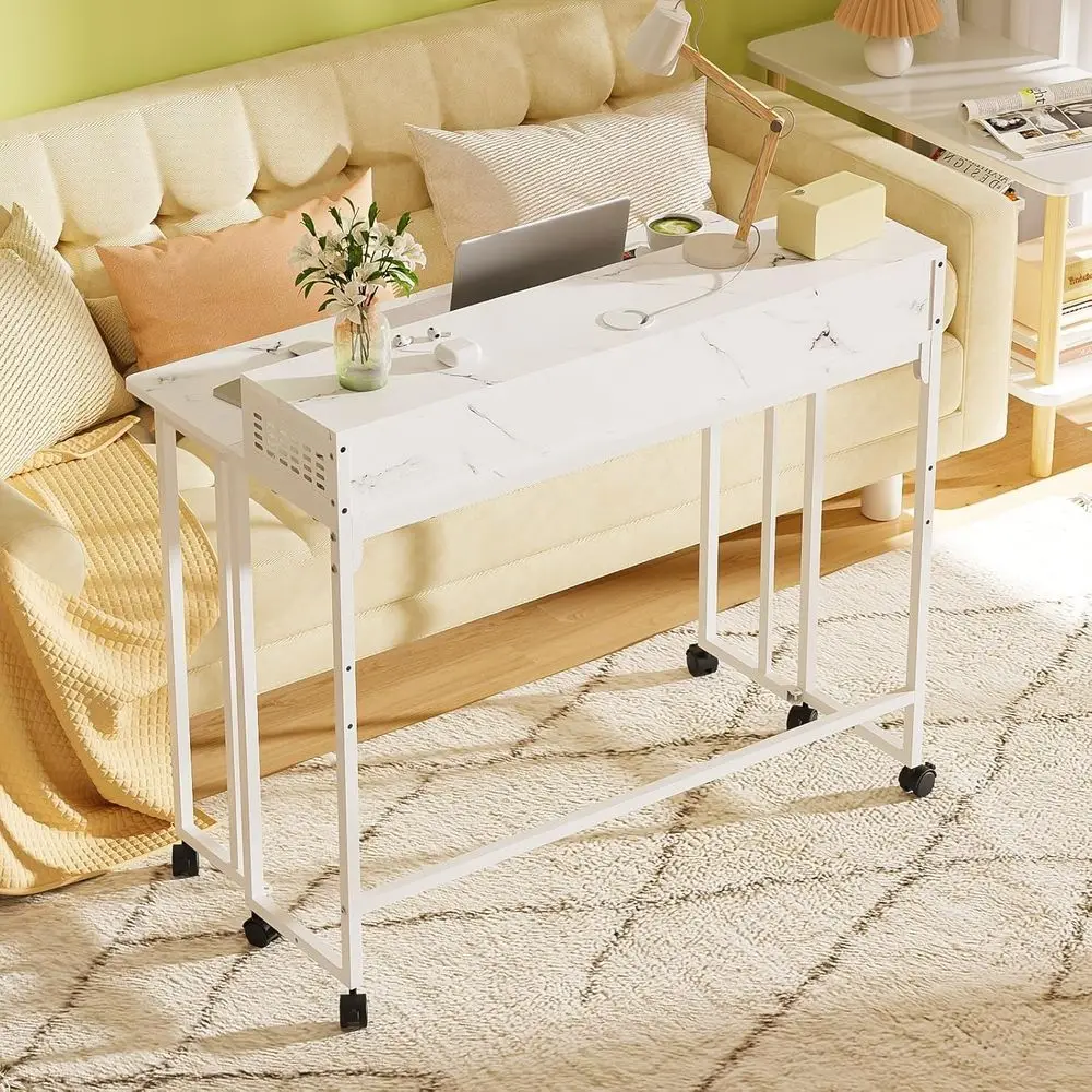 مكتب رخامي أبيض محمول مع مساحة تخزين للمكتب المنزلي، طاولة جانبية للأريكة، مناسبة للمساحات الصغيرة، 31.5 #2