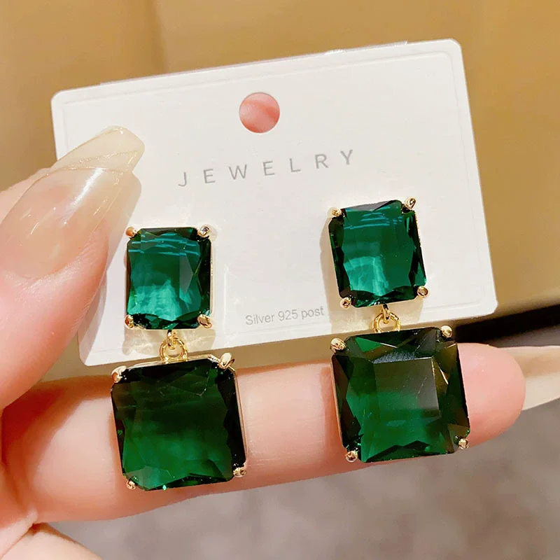 Geometry Square Dangle Earrings for Women Party Fashion Jewelry Green Rectangle Rhinestones Drop Earrings Accessories Wholesale