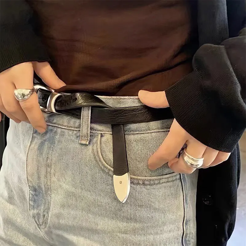 

Our Legacy Black Minimalist Metal Pin Buckle Handmade Casual Leather Belt