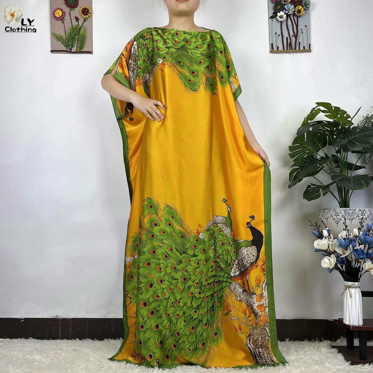 2023 New African Fashion Short Sleeve Colored Pattern Dubai Women Summer Real Silk Soft Printing Loose Tradition Muslim Dress
