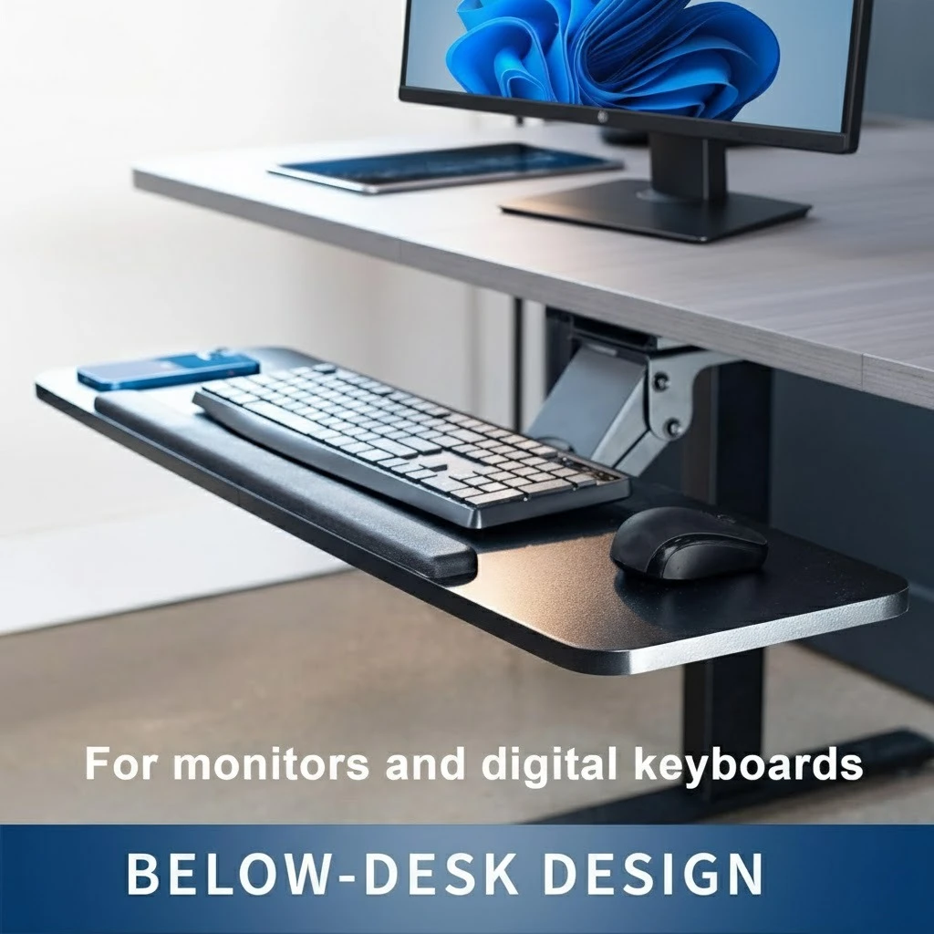 Desk Keyboard Tray, 360 Degree Adjustable Mouse Platform | 25 x 9.84 inch tray, wrist rest, 6.3 inch height adjustment, slide-out design, tilt and swivel for typing comfort