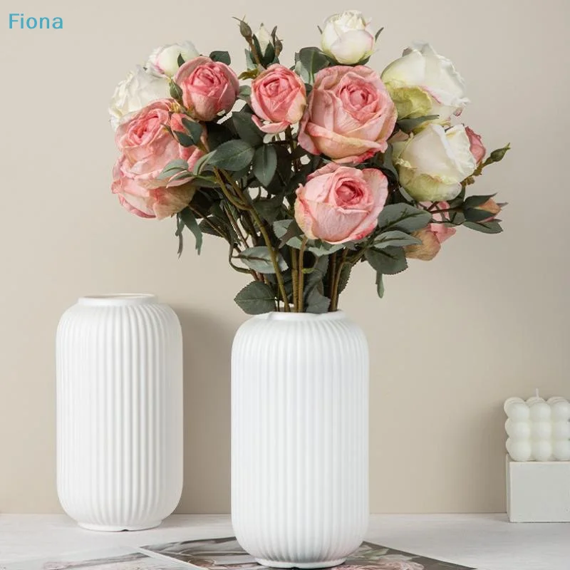 ☽White Ribbed Plastic Vase,Modern Vertical Striped Flower Vases for Home Decor & Living Room Centerpieces