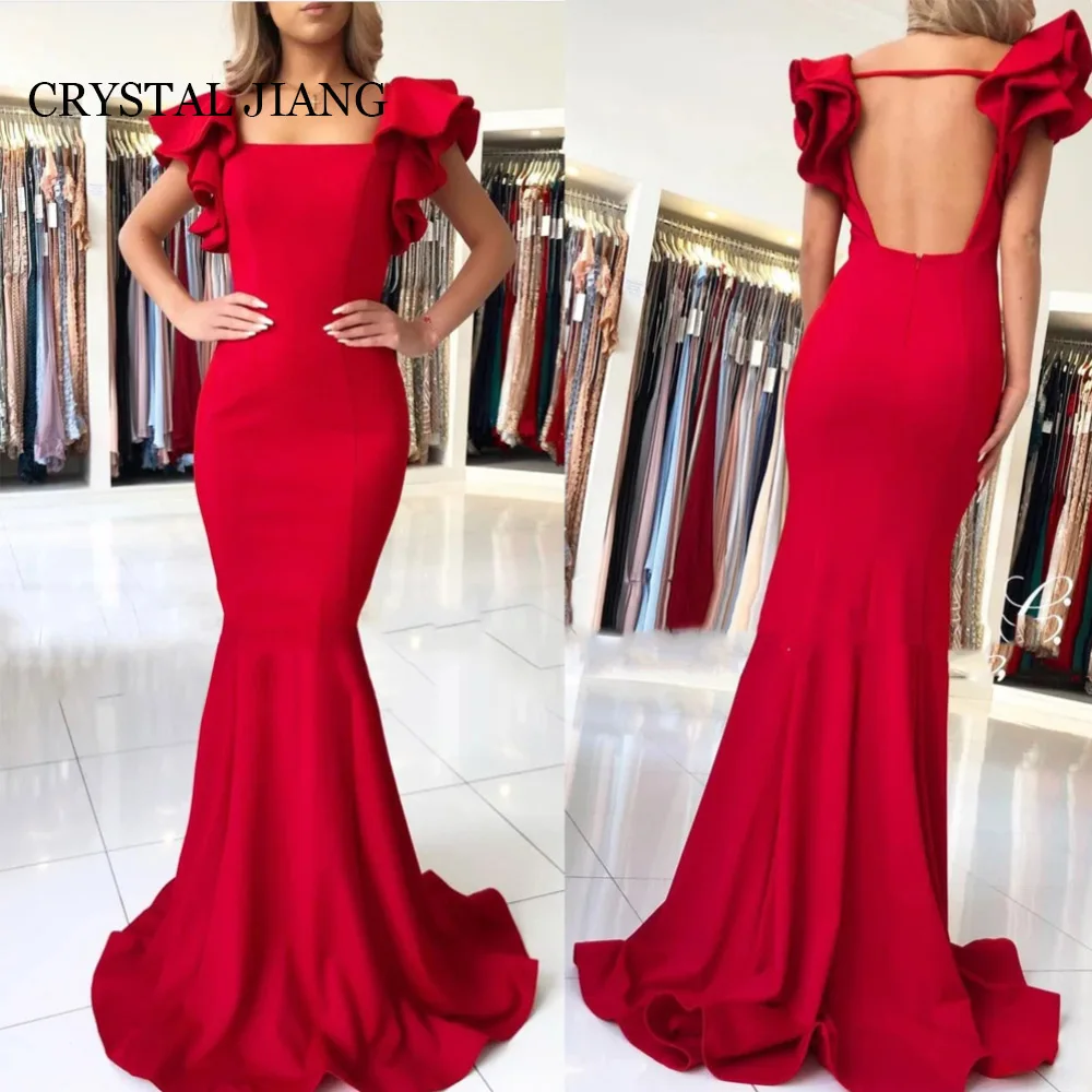 

Sexy Long Red Square Collar Satin Evening Dresses Sleeveless Backless Mermaid Sweep Train Vestidos De Fiesta Elegantes 2024