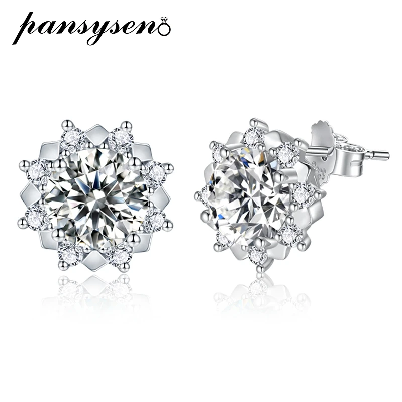 PANSYSEN 1CT D 3EX Round Moissanite Stud Earrings 925 Sterling Silver Lab Diamond Earring for Women Wedding Engagement Jewelry