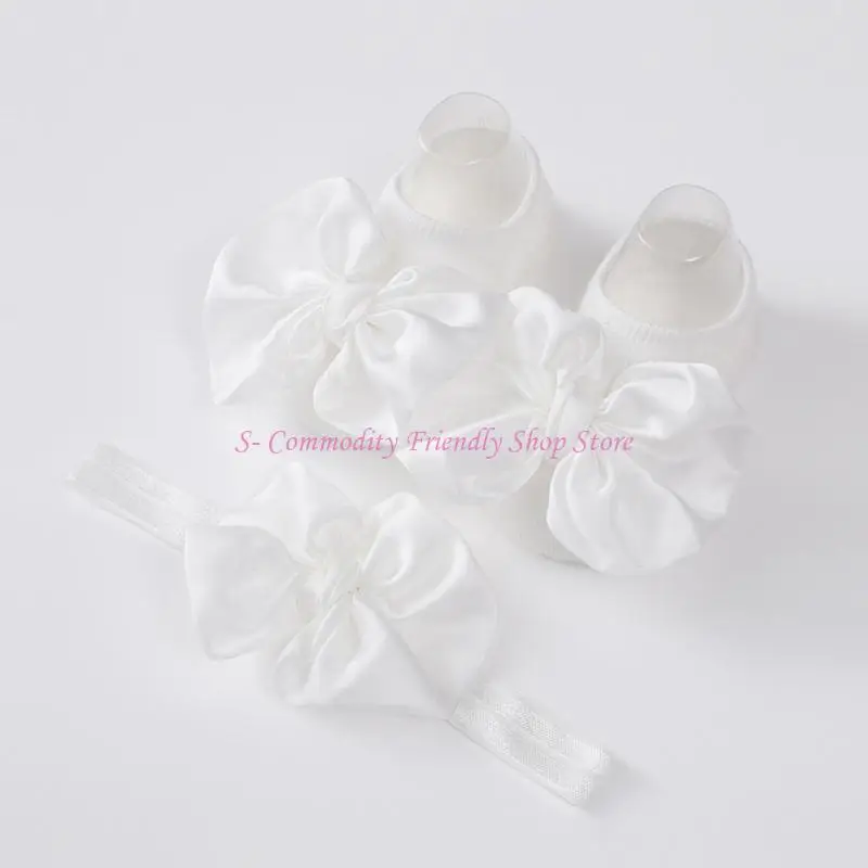 85AE Anti-Slip Bowknot Floor Socks Headband for Baby Girls Boys Comfortable Prewalker Flat Shoes Indoor Socks Infant Hairband