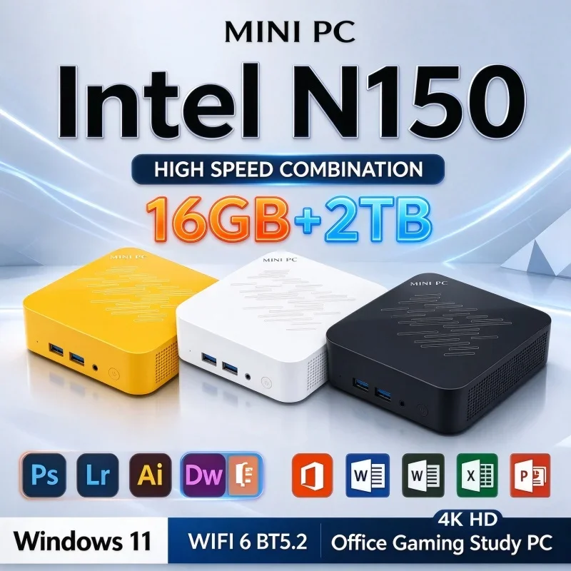 Compact Mini Desktop PC Intel N150 16GB RAM 1TB 2TB SSD Windows11 WiFi6 BT5.2 4K HD Display Output Space Saving Home Mini Host