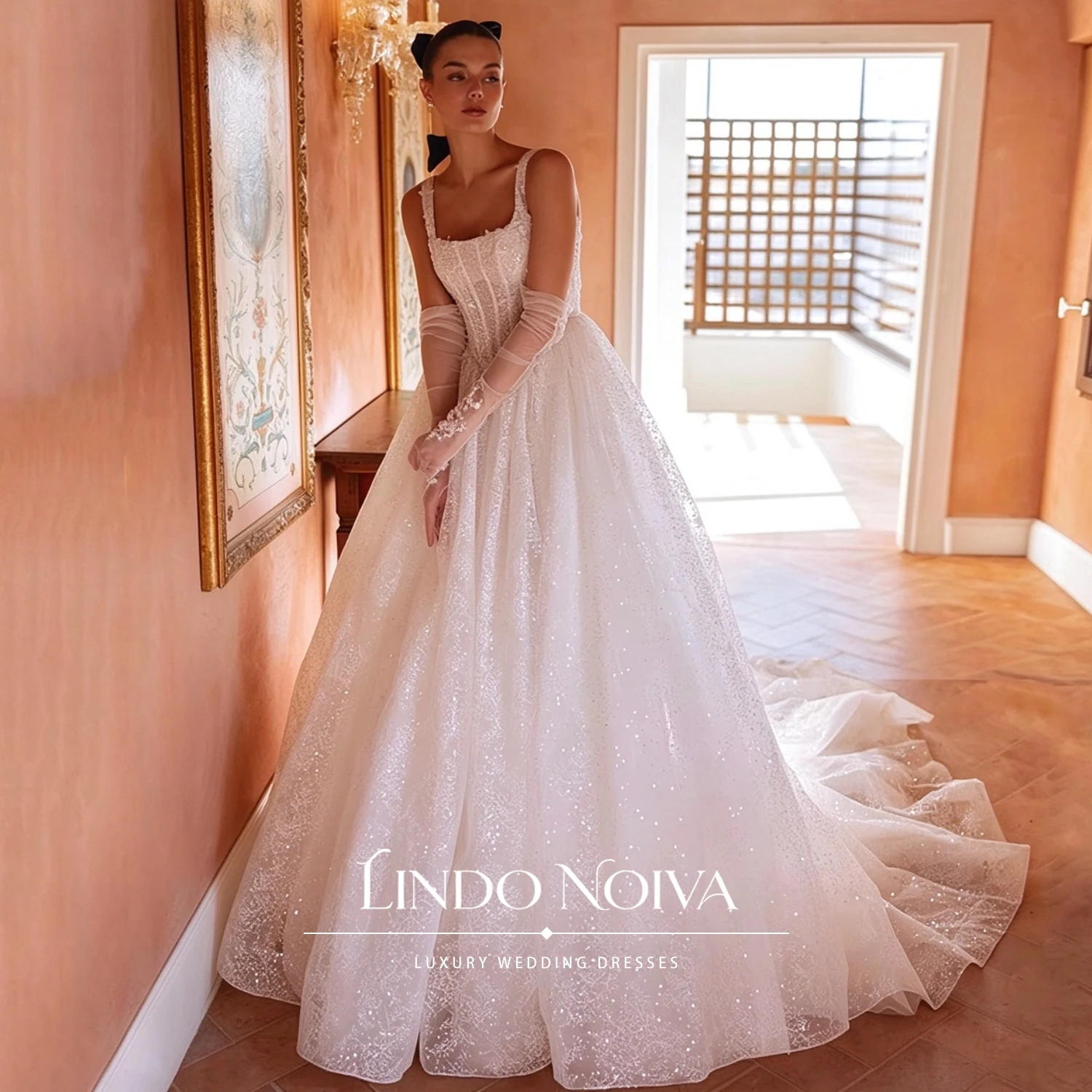 LINDO NOIVA Custom Square Neck Spaghetti Straps Wedding Dress Sparkly Glitter Tulle A Line Bridal Gown Low Back Corset Vestidos