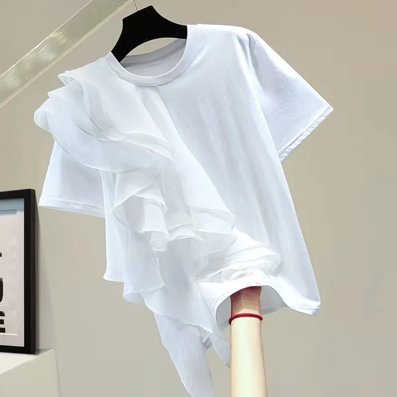 Ruffles Tassel New In 2024 Summer Cotton T-shirt For Women O Neck Solid Color Short Sleeve Tops Tees T Shirt Chic Sweet Tshirt