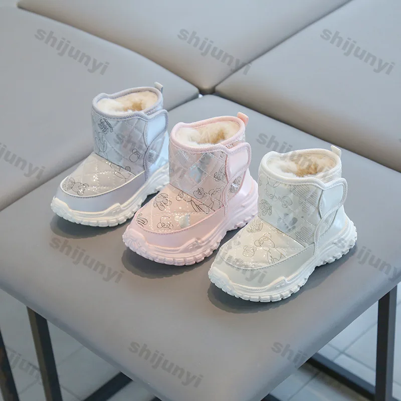 Baby Winter Cotton Boots Girls Boys Outdoor Warm Snow Boots Children Plush Short Boots Kid Solid Waterproof Cotton-padded Shoes