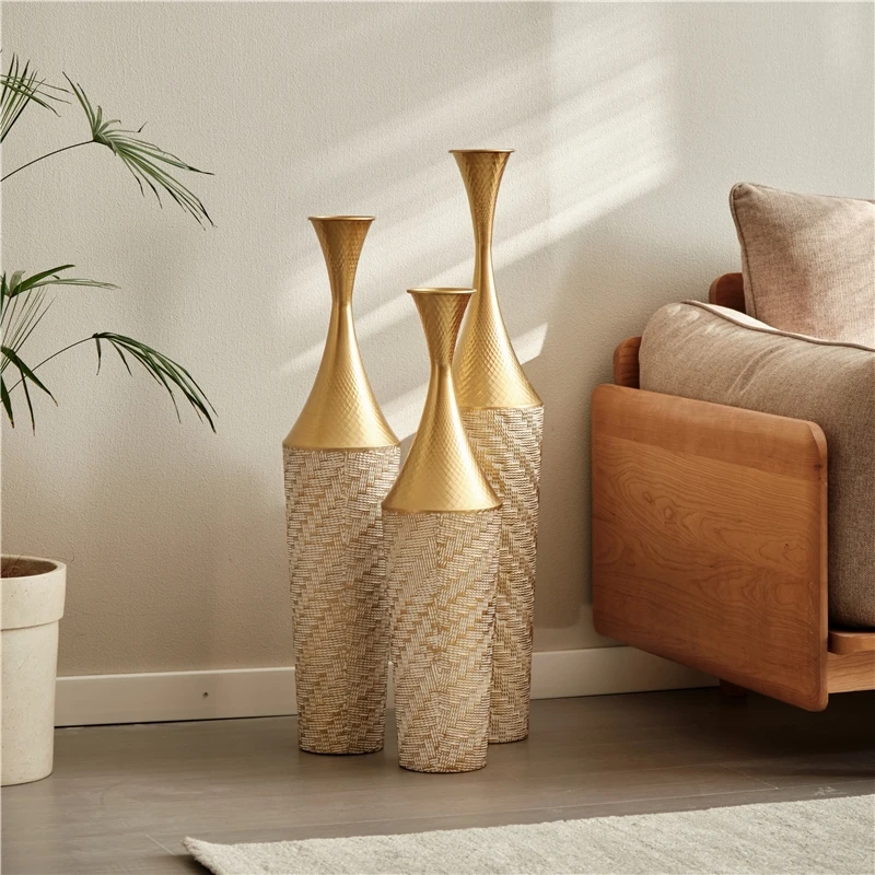 3-Piece Handcrafted Metal Floor Vase Set, Gold & White Textured Tall Vases (27.56