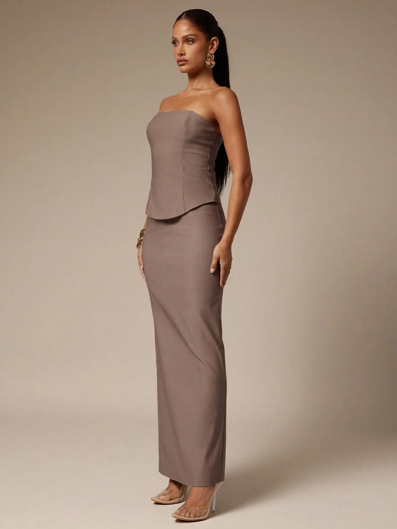 여성용 미니멀리스트 튜브탑 & 롱 스커트 2피스 세트, 카키색, 데이트나 출퇴근용 우아한 오피스룩