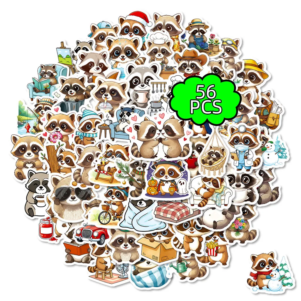 56Pcs Cute Cartoon Raccoon Doodle Stickers, Unique Waterproof Decals for Luggage, Skateboard & DIY Decor RecordingYourLife Store