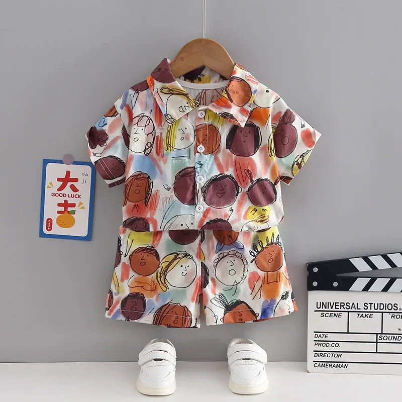 

Baby Boy Summer Clothes 2024 Korean Fashion Printed Turn-down Collar Short Sleeve Shirts Tops and Shorts Kids Boys Outfit Set