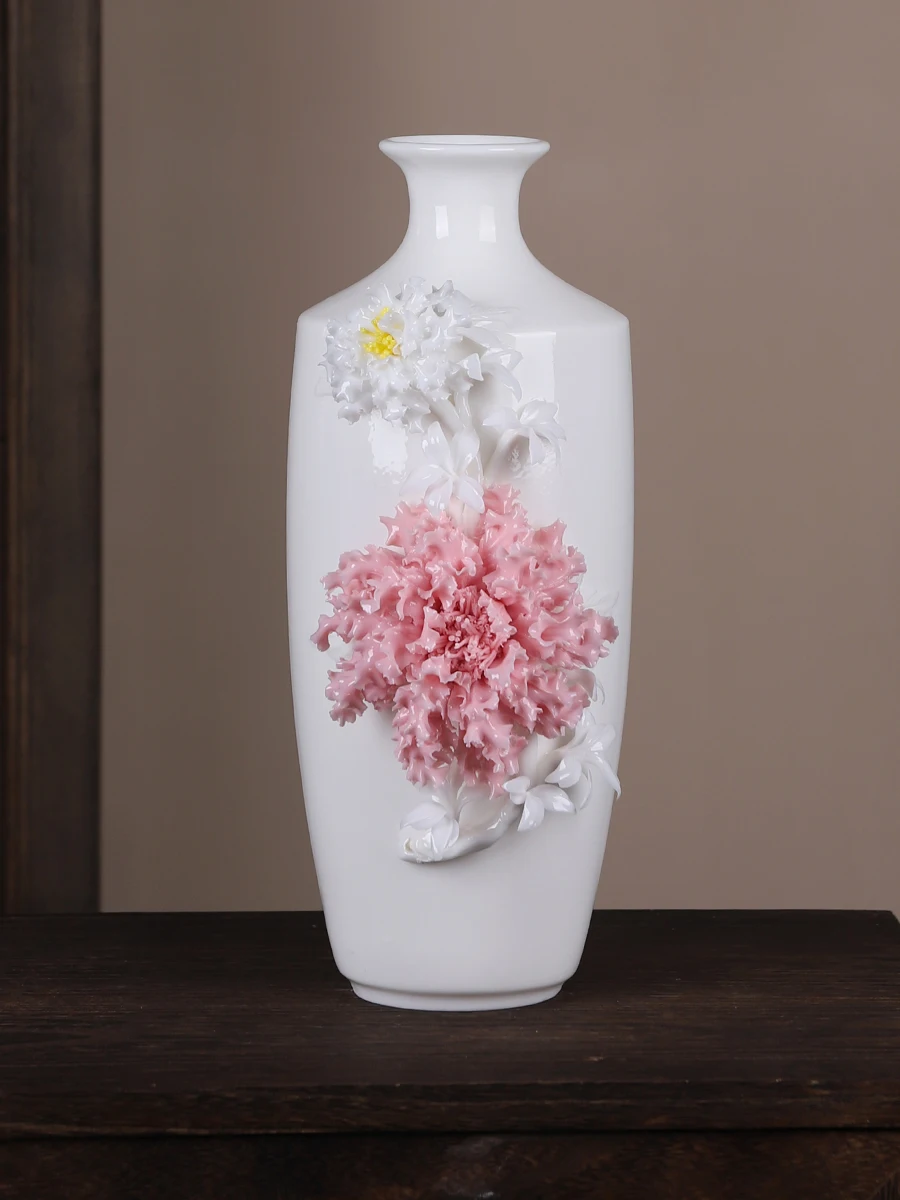 

Ceramic peony vase, living room vase, small square shoulder vase, Chinese high-end creative handmade vase 30cm
