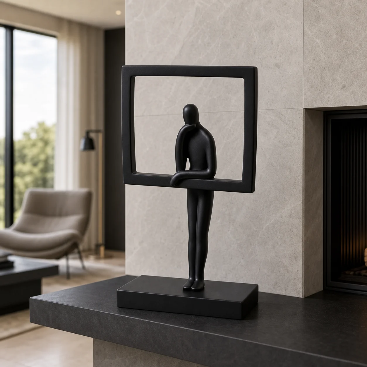 Modern Abstract Nordic Thinker Resin Sculpture with Frame, Minimalist Human Figurine Ornament Statue for Office Desk Bookshelf L