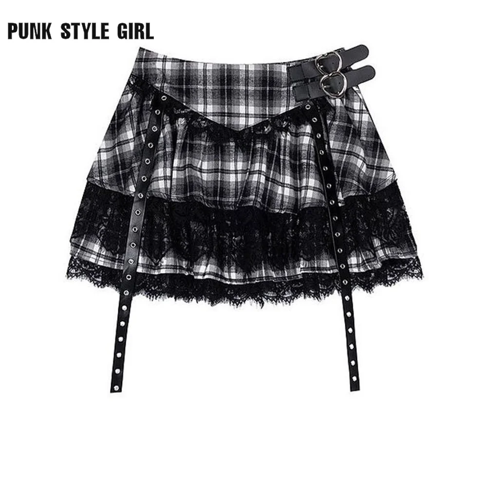 

Preppy Style Sweet Plaid Print JK Patchwork Cake Mini Skirt for Women Hot Girl Y2k Lace Punk Rock Dance Aesthetic Black Skirts