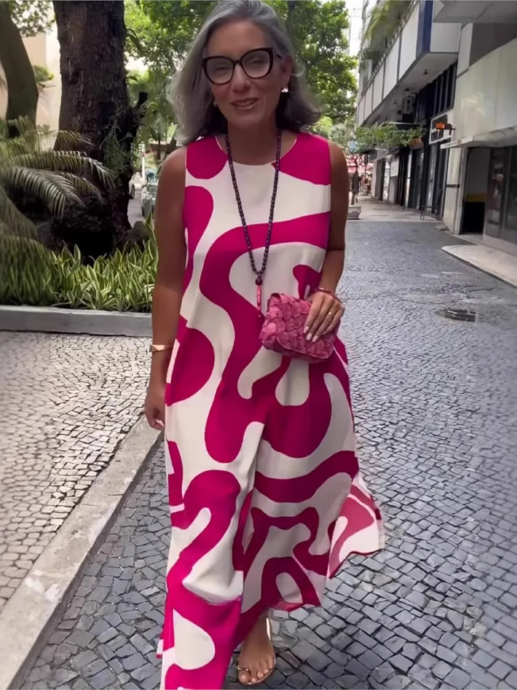 Abito estivo con stampa Boho Lady Fashion senza maniche o collo pullover abiti larghi per le donne abbigliamento casual da donna per le vacanze Nuovo 2025